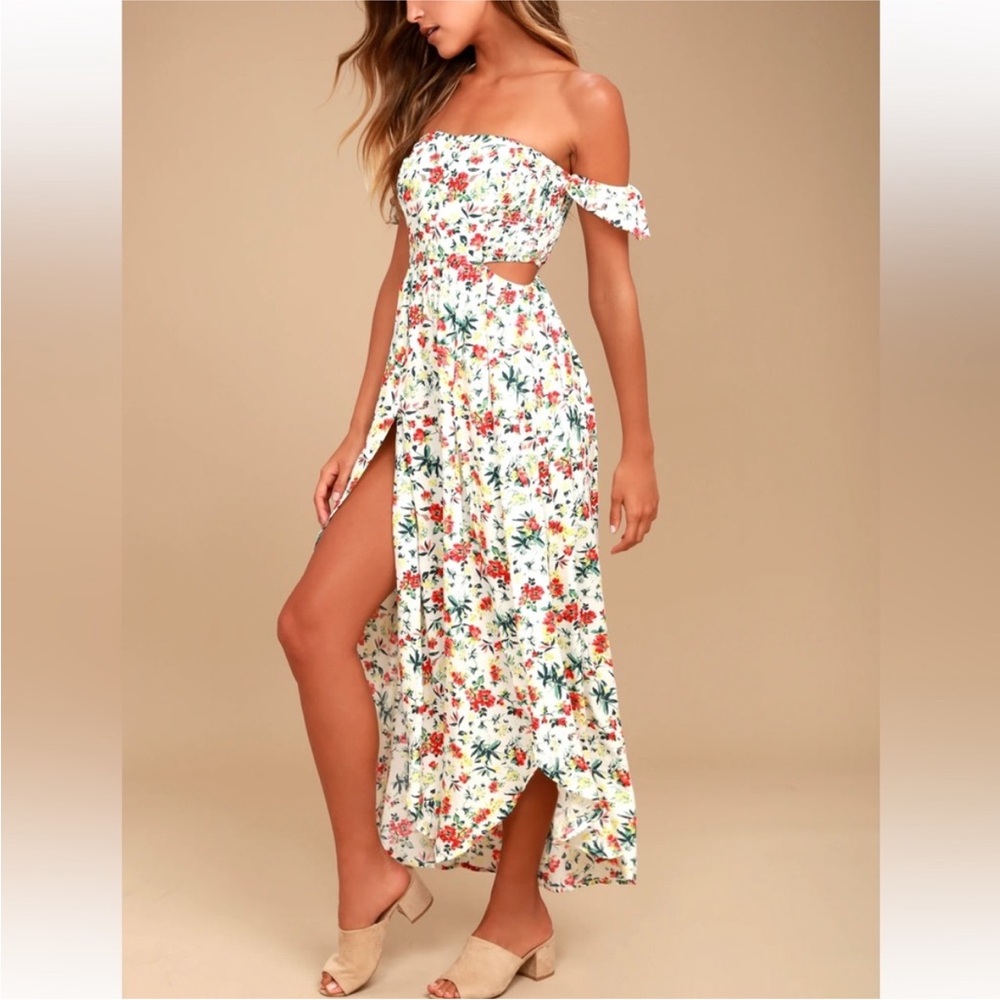 Lush White Floral Off-Shoulder Cutout Midi Dress